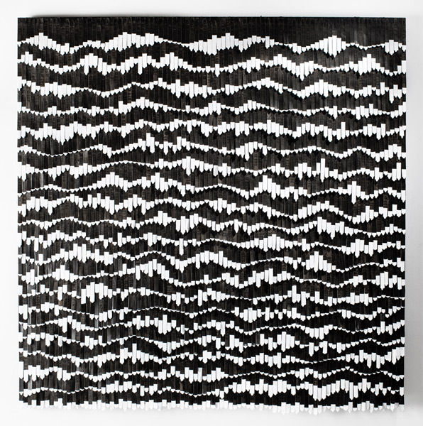 Julie Easton, Frequencies 0117, dry cleaning tags, beeswax, resin, dye, 40 x 40"