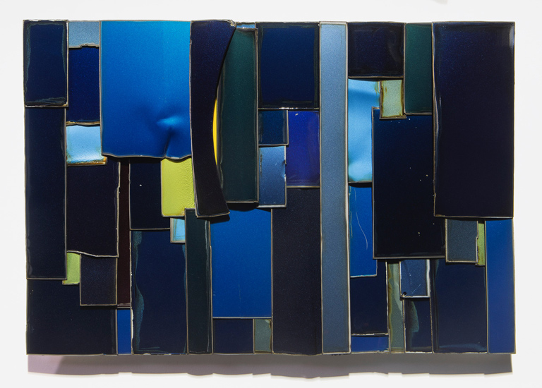 Curve Ahead, upcycled car parts and automotive paint on aluminum panel, 22.75 x 33.25 x 2"